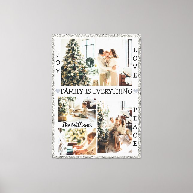 Fredsfamiljen Namn och foto i Silver Glitter Joy K Canvastryck (Framsida)