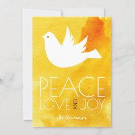 Fredsglädje i kärlek, gult, vattenfärg och duva ju julkort