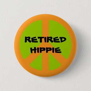 Fredssymbol, pensionerad Hippie, knapp för åters