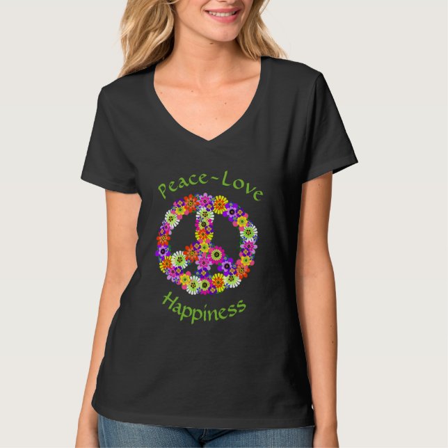 fredstecken Blommigt Peace Kärlek Happity T Shirt (Framsida)