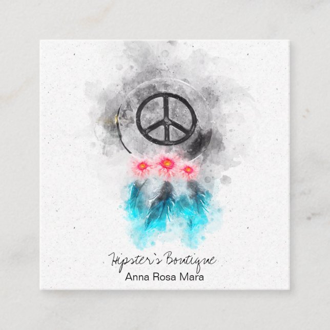 *~* Fredstecken Feathers Flowers GrungeTribal Boho Fyrkantigt Visitkort (Framsida)