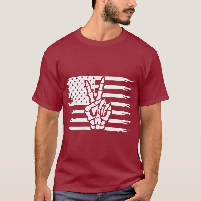 Fredstecken Patriotic American Flagga Skeleton Han T Shirt (Framsida)