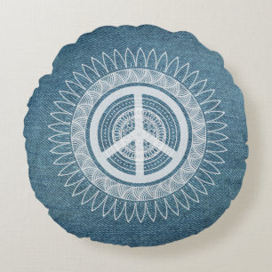 Fredstecken Symbol Mandala Hippie Daisy Denim Jean Rund Kudde