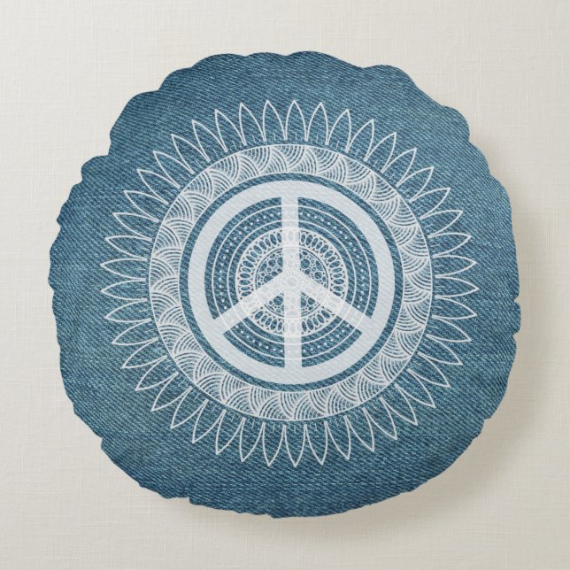 Fredstecken Symbol Mandala Hippie Daisy Denim Jean Rund Kudde (Framsidan)