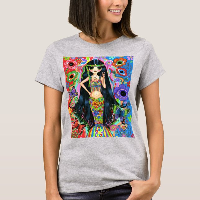 Fredsteckenet Psychedelic Hippie Girl Sjöjungfru S T Shirt (Framsida)