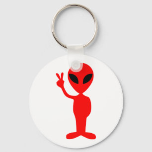 Fredsteckenet Red Alien Gesturing med Hand Nyckelring