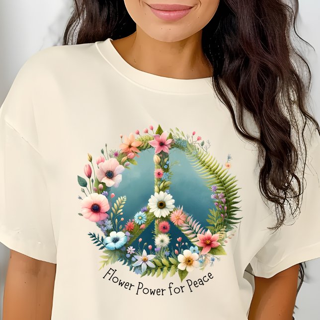 Fredsteckenet söt Retro "Flower Power for Peace" T Shirt (Skapare uppladdad)