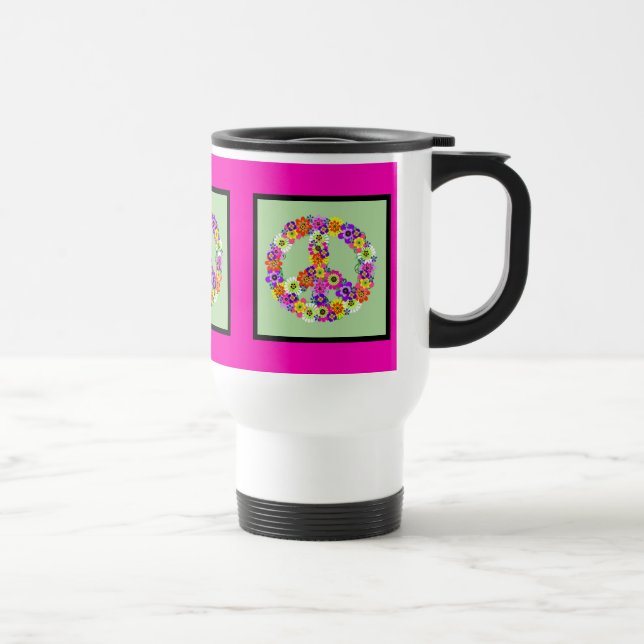 Fredsteckenets Blommigt med fuchsia och svart grän Resemugg (Höger)