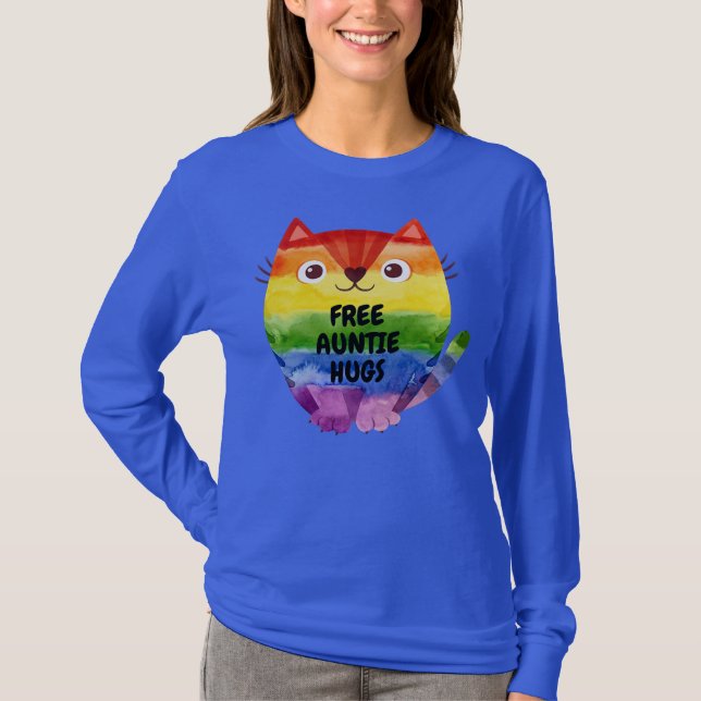 Free Auntie Hugs Pride LGBTQ Flagga Cat  T Shirt (Framsida)