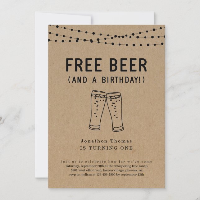 Free Beer Funny Girl Boy Första födelsedagen Party Inbjudningar (Framsida)
