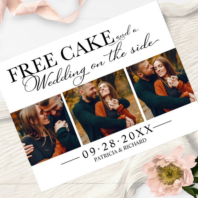Free Cake Funny Bröllop spara datum 3 Photo Vykort (Skapare uppladdad)