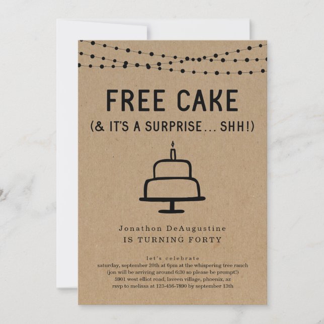 Free Cake Funy Surprise Födelsedagsfest inbjudan (Framsida)