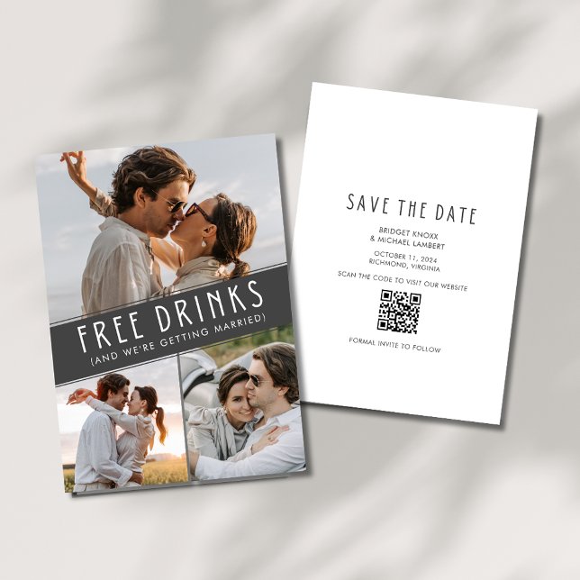 Free Drinks 3 Photo QR Code Bröllop Spara Datumet (Free Drinks 3 Photo QR Code Wedding Save The Date)