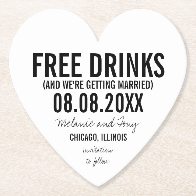 Free Drinks Bröllop Unik Funny Spara datumen Underlägg Papper (Framsida)