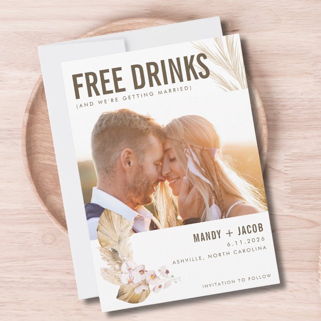 Free Drinks Photo Boho Bröllop spara datum Datumet (Free Drinks Photo Boho Wedding Save the Date)