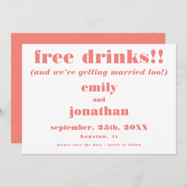 Free Drinks Roligt Coral Bröllop spara datum Spara Datumet (Fram/baksida)