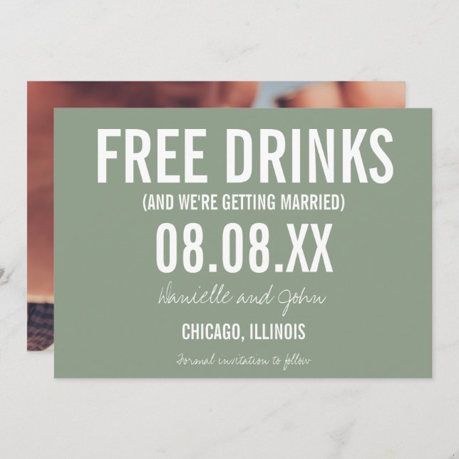 Free Drinks Sage Grönt Photo Bröllop spara datum Spara Datumet (Fram/baksida)