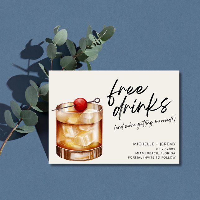 Free Drinnyj Bröllop spara datum med Photo Datumet (Funny Free Drinks Photo Wedding Save the Date  Postcard)