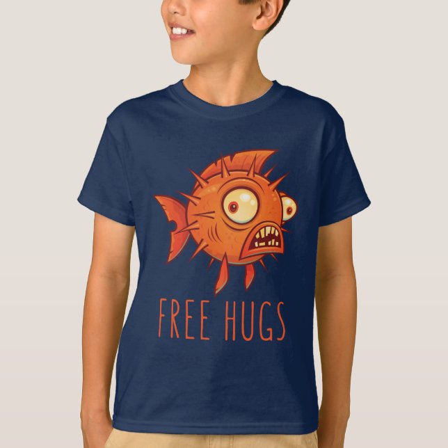Free Hugs Tecknad Blowfish T Shirt (Framsida)