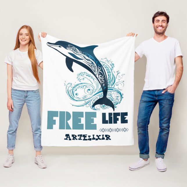 Free Life White Tribal Dolphin Print Fleecefilt (På plats)