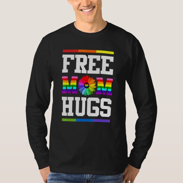 Free Mamma Hugs Gay pride HBT Daisy Rainbow Flower T Shirt (Framsida)