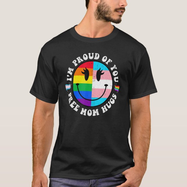Free Mom Hugs Groovy Hippie Face LGBT Rainbow Tran T Shirt (Framsida)