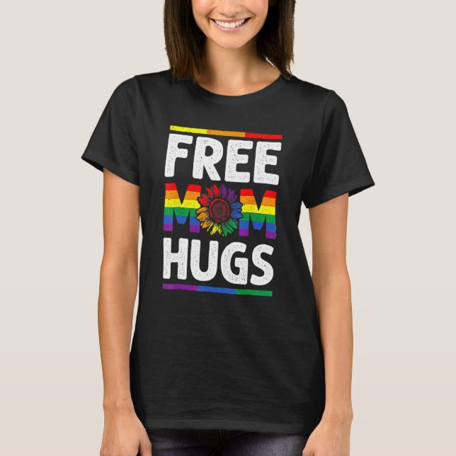 Free Mom Hugs LGBT Pride Leopard Sunflower Rainbow T Shirt (Framsida)