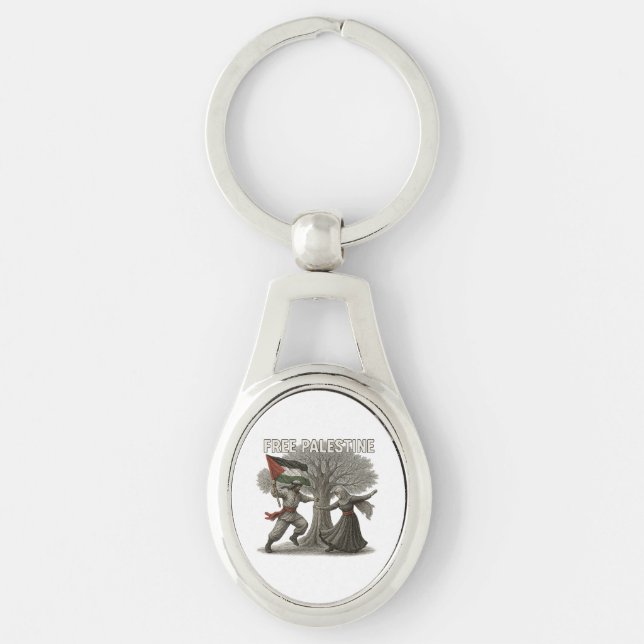 Free Palestine Keychain – Symbol of Freedom Ovalt Silverfärgad Nyckelring (Framsidan)