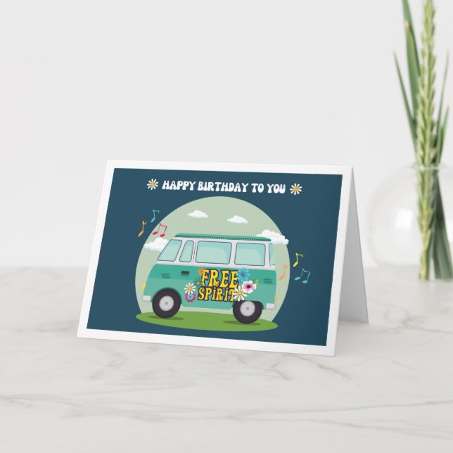 Free Spirit Hippie Bus Cartoon Birthday Kort (Framsida)