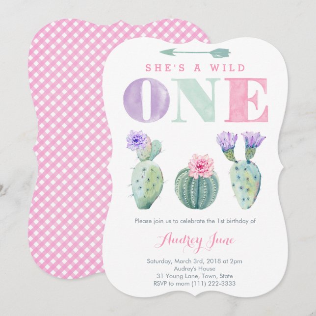 Free Spirit Rosa Lilac Cactus Girl 1st Birthday Inbjudningar (Fram/baksida)
