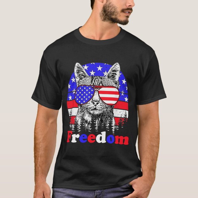 Freedom Cat American Flagga 4 juli T Shirt (Framsida)