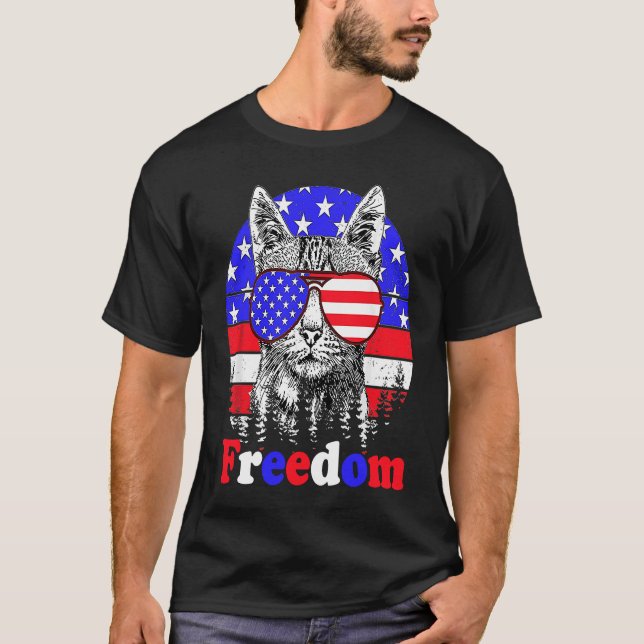 Freedom Cat American Flagga 4 juli T Shirt (Framsida)