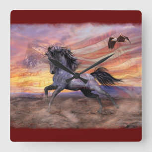 Freedom Mustang & Eagle Patriotic Fyrkantig Klocka