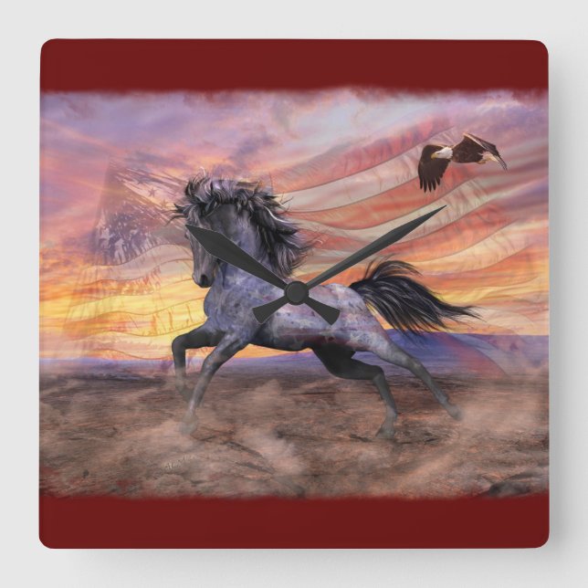 Freedom Mustang & Eagle Patriotic Fyrkantig Klocka (Framsida)