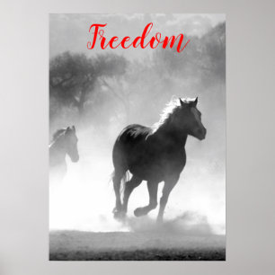 Freedom Red Black White Runses Horses Poster