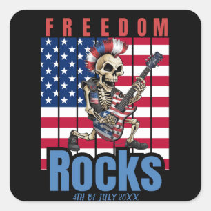 Freedom Sten Skeleton med Guitar American Flagga Fyrkantigt Klistermärke