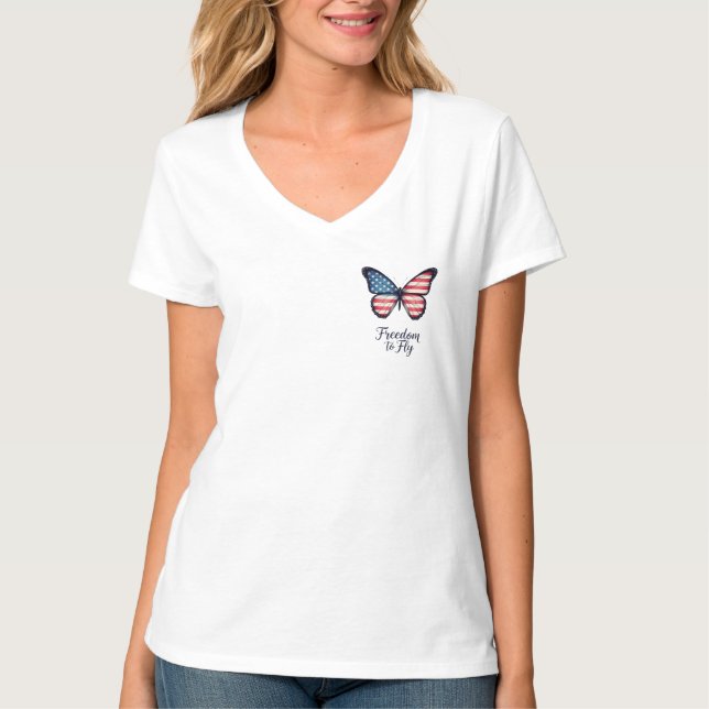 Freedom to Fly - American Flag Butterfly & Patriot T Shirt (Framsida)