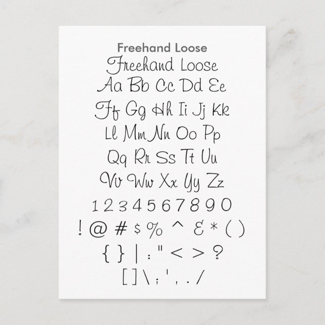 Freehand Loose - Zazzle Font Sampler Lakan Vykort (Framsida)
