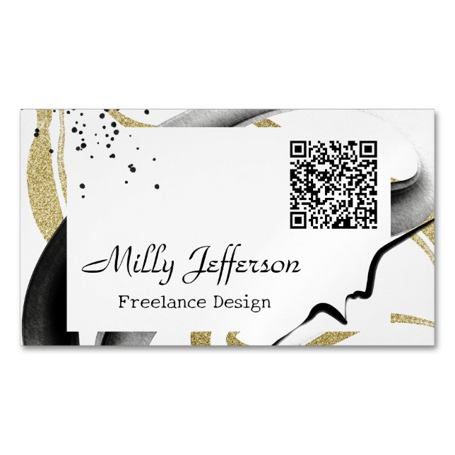 Freelance Design Abstrakt QR-kod Guld Black Magnetiska Visitkort (Framsida)