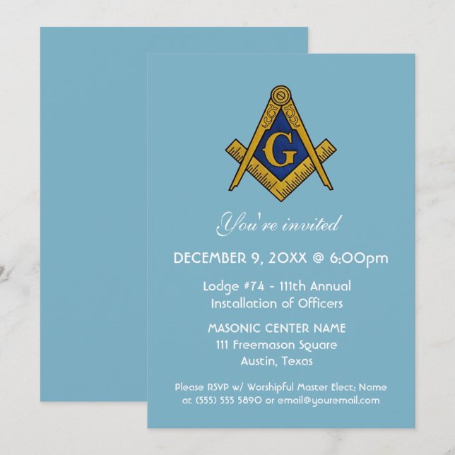 Freemason Masonry Blue Square och Compass Inbjudningar (Fram/baksida)