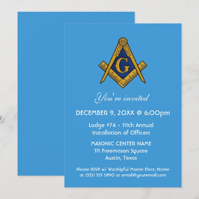 Freemason Masonry Blue Square och Compass Inbjudningar (Fram/baksida)