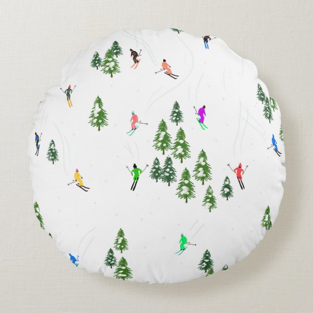 Freeride Alpine Skiers hoppas över Illustration Pa Rund Kudde (Framsidan)