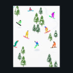Freeride Snowboarders Snowboarding Winter Vykort<br><div class="desc">Coola vismliknande illustration av färgstarka snödränder,  snöbäddning nedför berg mellan gräs,  grisen,  träd på färskt snö-pulver. Snowboard och julafton utomhussport i en vinterskog. Snowboarder-gåvor. Snowboarding-juldekoration.</div>