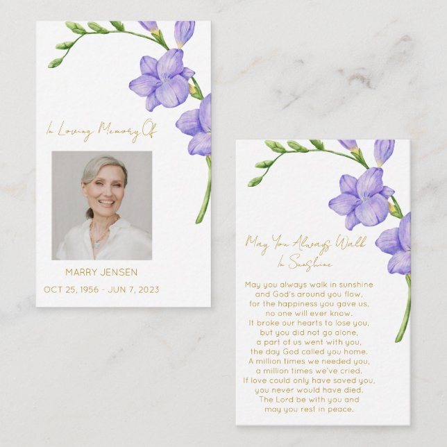Freesia minnesbild begravning bönkort visitkort (Fram/baksida)