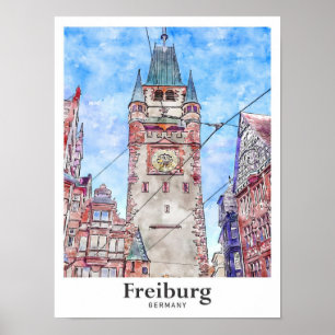 Freiburg Tyskland resvatten, vattenfärg Hand plock Poster