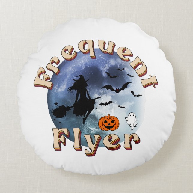 Frekvent Flyer Halloween Witch Riding Broomstick Rund Kudde (Framsidan)