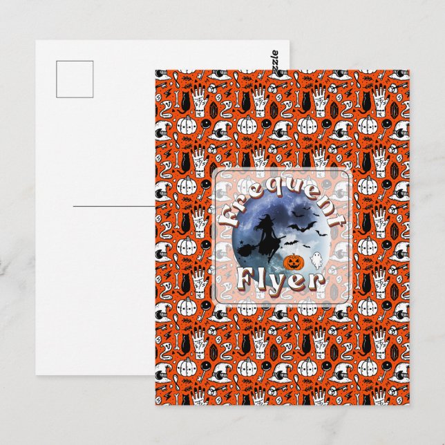 Frekvent Flyer Halloween Witch Riding Broomstick Vykort (Fram/baksida)