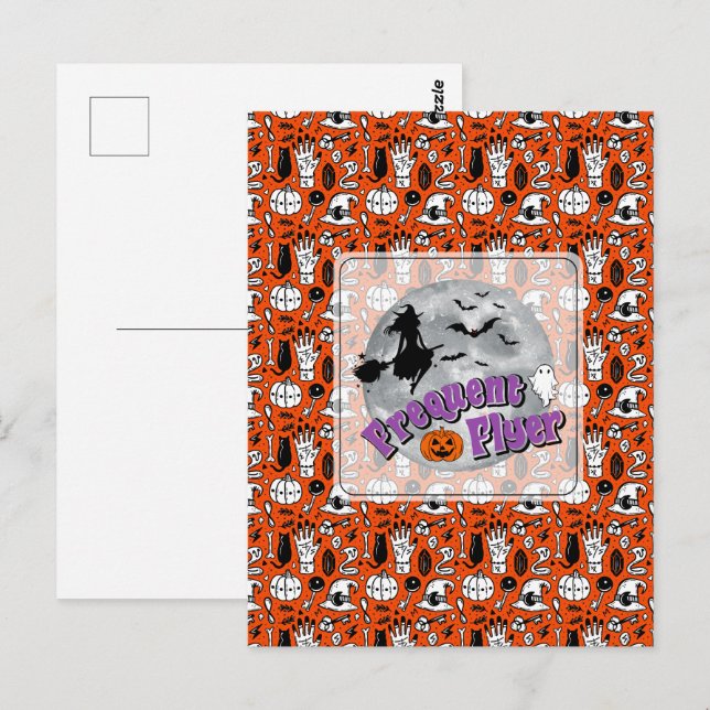Frekvent Flyer Halloween Witch Riding Broomstick Vykort (Fram/baksida)