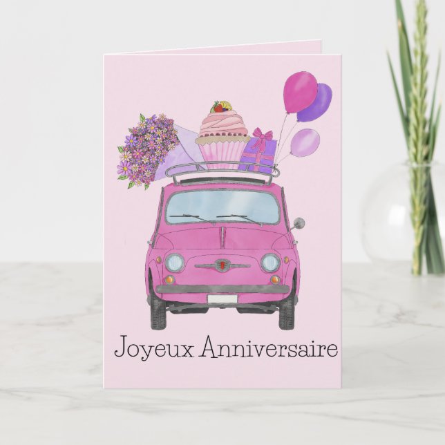 French Birthday Retro Fiat 500 Card Kort (Framsida)