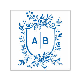 French Blue Botanical Crest Wedding Monogram Självfärgande Stämpel